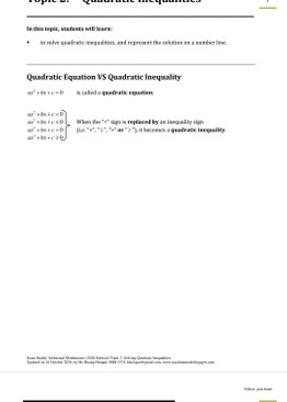 Exam Buddy Additional Mathematics Syllabus 4049 Topic 2: Quadratic Inequalities